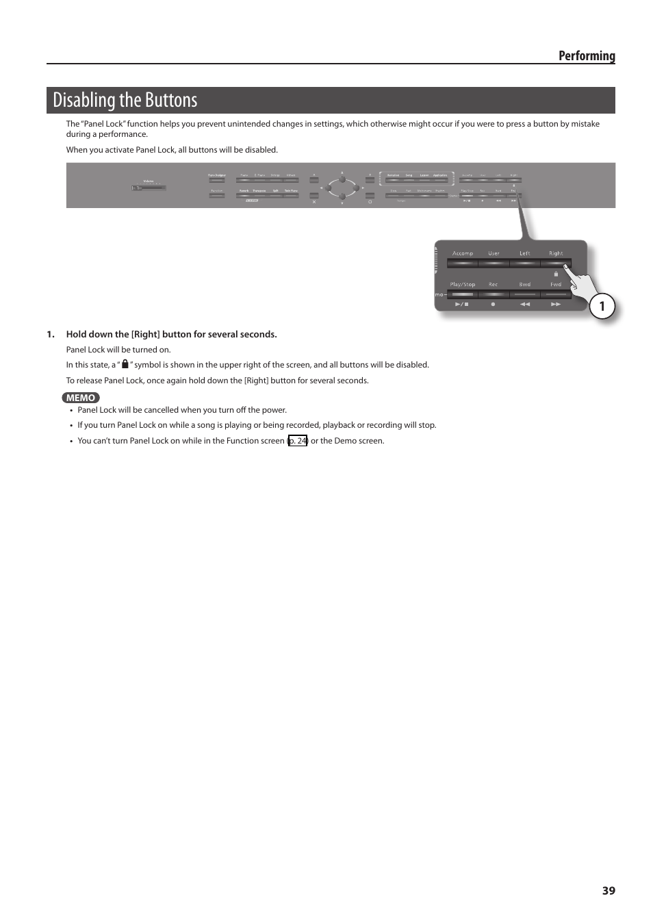 Disabling the buttons, Ock) (p. 39), Performing | Roland Digital Piano HP User Manual | Page 39 / 100