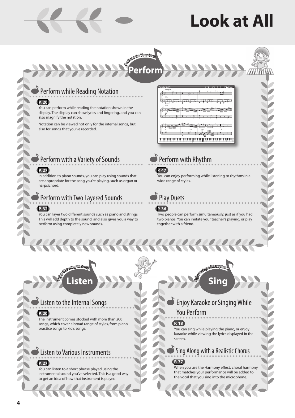 Look at all you can do, Look at all, Perform | Sing, Listen, Perform with a variety of sounds, Perform with two layered sounds, Perform with rhythm, Play duets, Perform while reading notation | Roland Digital Piano HP User Manual | Page 4 / 100