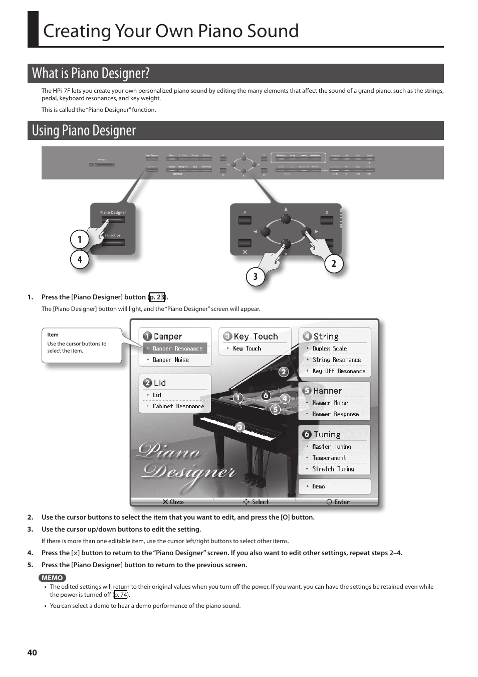 Creating your own piano sound, What is piano designer, Using piano designer | P. 40 | Roland Digital Piano HP User Manual | Page 40 / 100