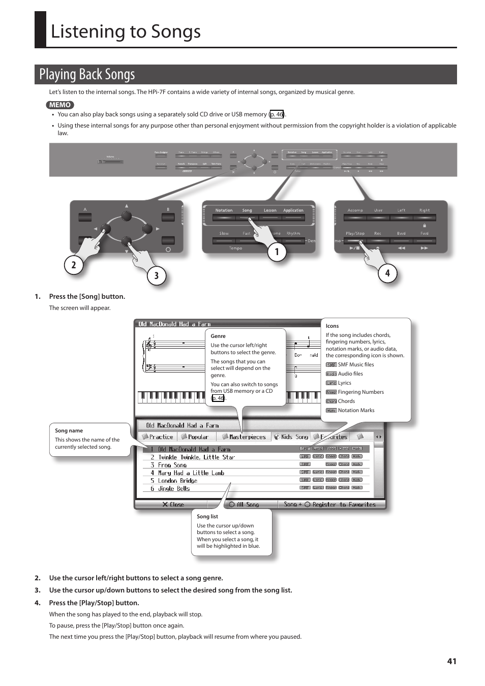 Listening to songs, Playing back songs, P. 41) | Ded (p. 41) | Roland Digital Piano HP User Manual | Page 41 / 100