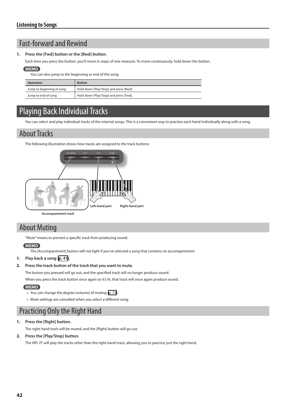 Fast-forward and rewind, Playing back individual tracks, About tracks | About muting, Practicing only the right hand, Playing back individual tracks” (p. 42), Listening to songs | Roland Digital Piano HP User Manual | Page 42 / 100