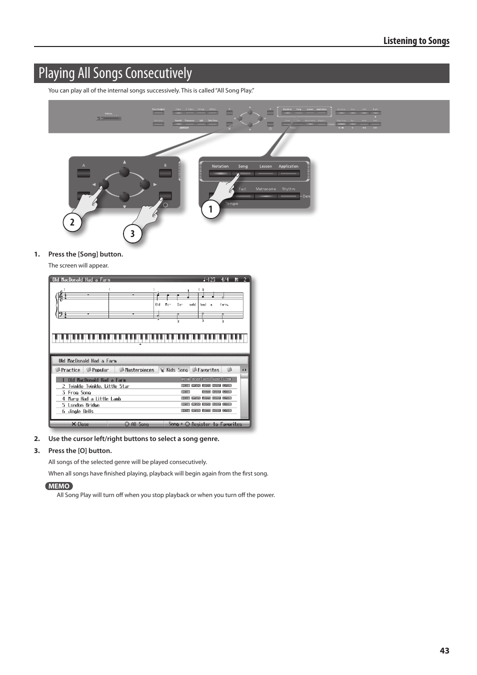 Playing all songs consecutively | Roland Digital Piano HP User Manual | Page 43 / 100