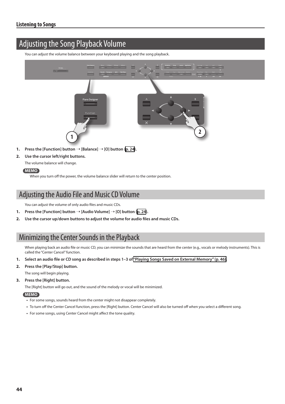 Adjusting the song playback volume, Adjusting the audio file and music cd volume, Minimizing the center sounds in the playback | Listening to songs | Roland Digital Piano HP User Manual | Page 44 / 100