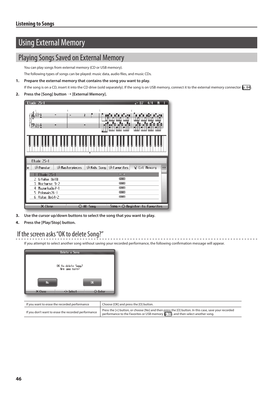 Using external memory, Playing songs saved on external memory, If the screen asks “ok to delete song | Listening to songs | Roland Digital Piano HP User Manual | Page 46 / 100