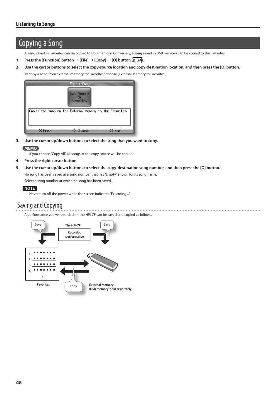 Copying a song, Saving and copying, Listening to songs | Roland Digital Piano HP User Manual | Page 48 / 100