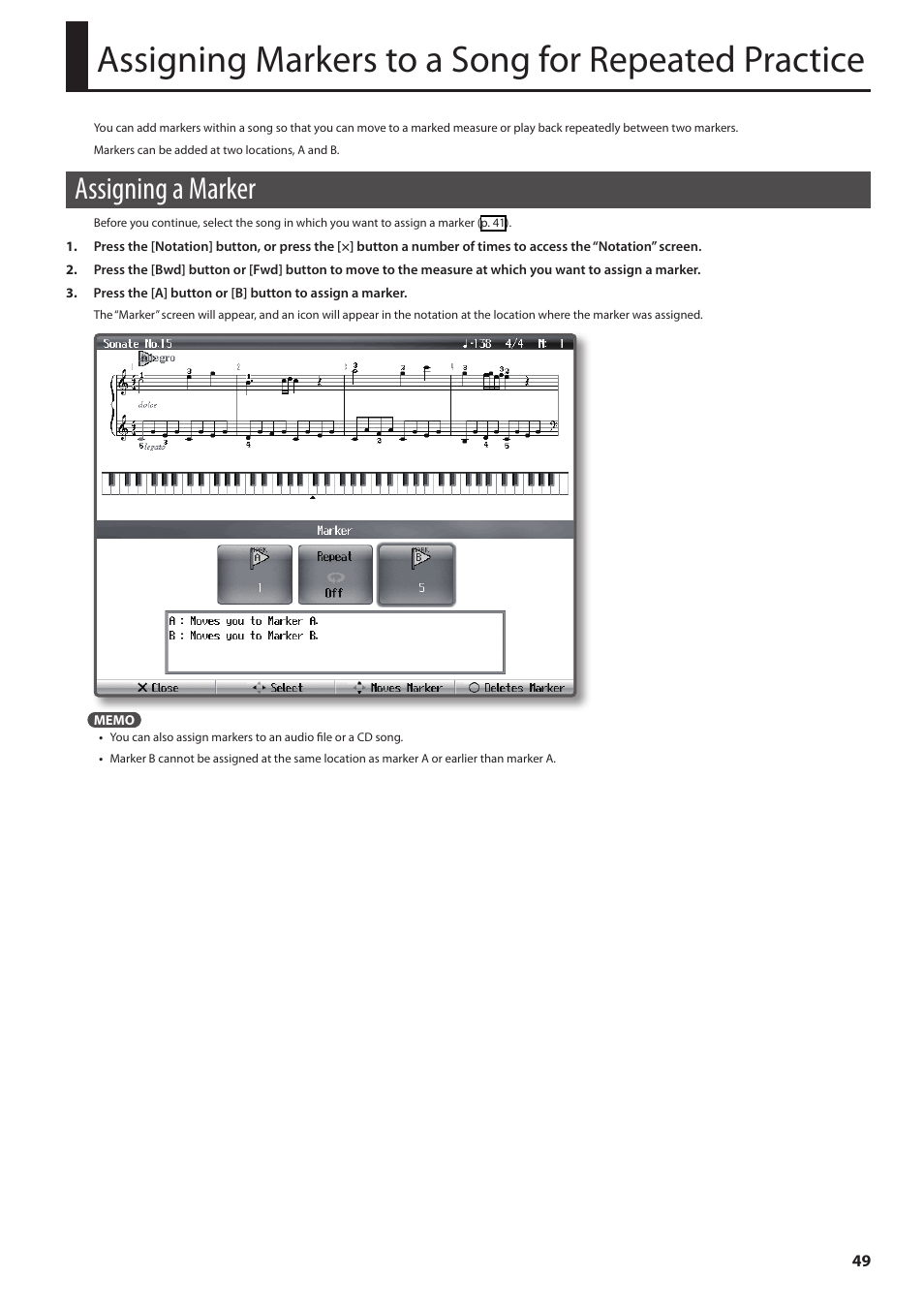 Assigning markers to a song for repeated practice, Assigning a marker, Assigning markers to a song for repeated | Practice | Roland Digital Piano HP User Manual | Page 49 / 100
