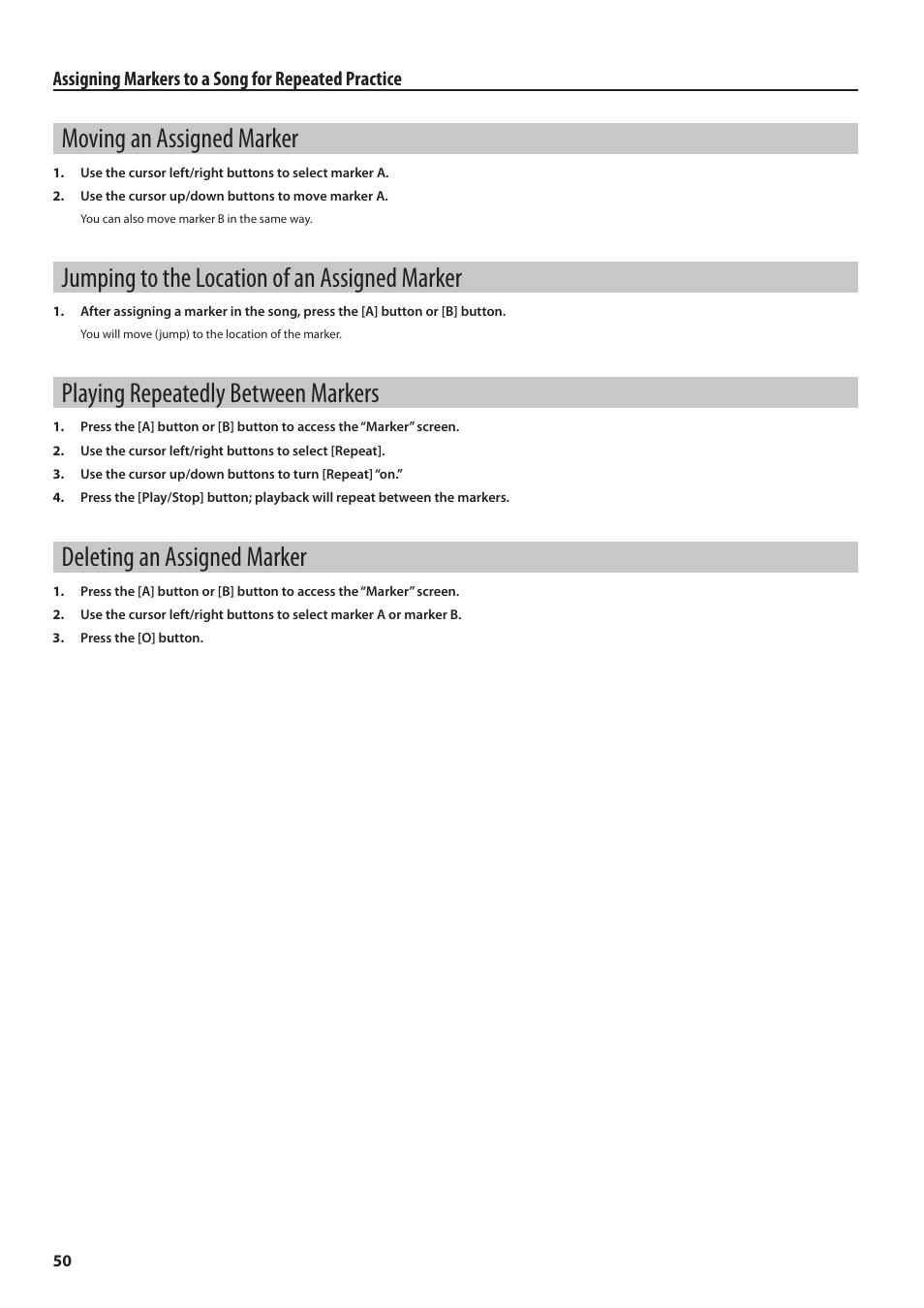 Moving an assigned marker, Jumping to the location of an assigned marker, Playing repeatedly between markers | Deleting an assigned marker | Roland Digital Piano HP User Manual | Page 50 / 100