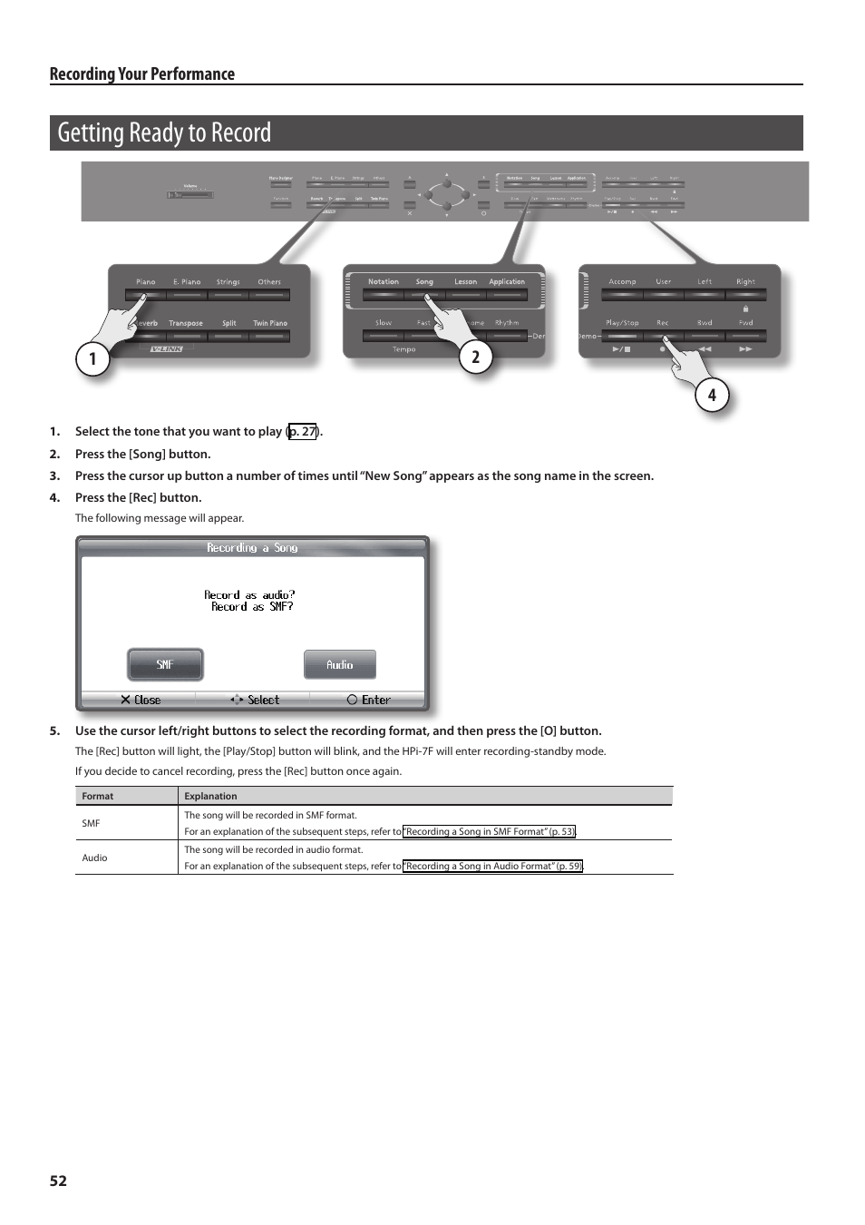 Getting ready to record, Eading “getting ready to record” (p. 52), please r, Recording your performance | Roland Digital Piano HP User Manual | Page 52 / 100