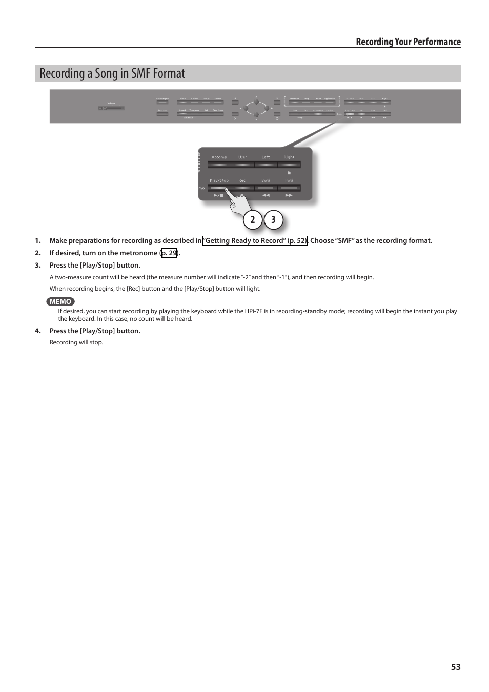 Recording a song in smf format, Ding (p. 53, p, Ead “recording a song in smf format” (p. 53) | Recording your performance | Roland Digital Piano HP User Manual | Page 53 / 100