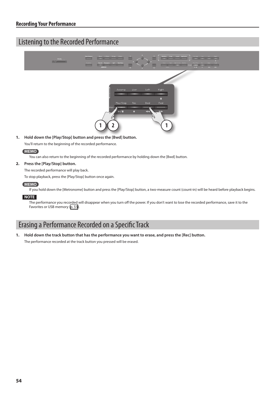 Listening to the recorded performance, Erasing a performance recorded on a specific track, Recording your performance | Roland Digital Piano HP User Manual | Page 54 / 100