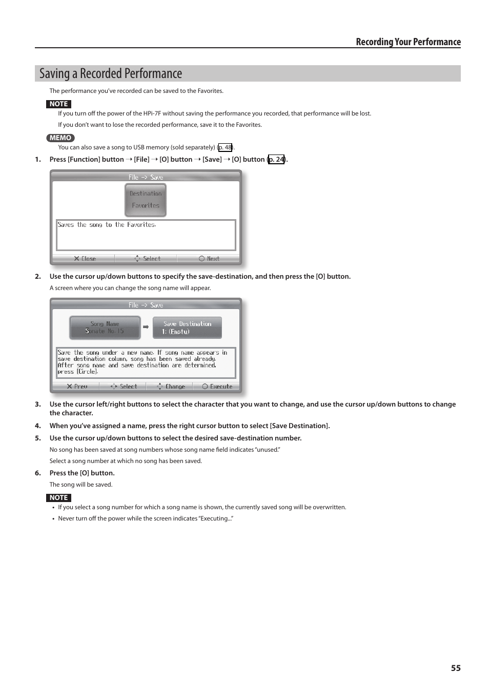 Saving a recorded performance, Y (p. 55, p, Recording your performance | Roland Digital Piano HP User Manual | Page 55 / 100