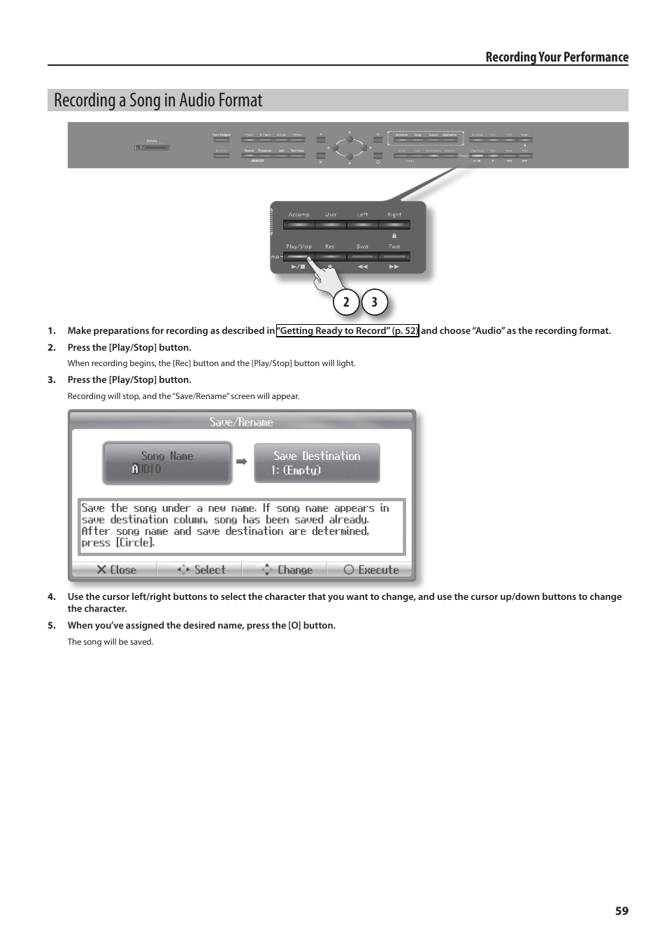 Recording a song in audio format, Ead “recording a song in audio format” (p. 59), 59) bef | Recording your performance | Roland Digital Piano HP User Manual | Page 59 / 100