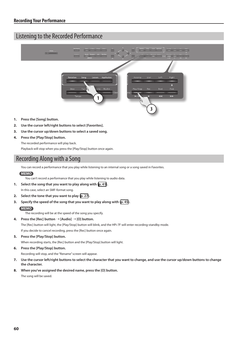 Listening to the recorded performance, Recording along with a song, Recording your performance | Roland Digital Piano HP User Manual | Page 60 / 100