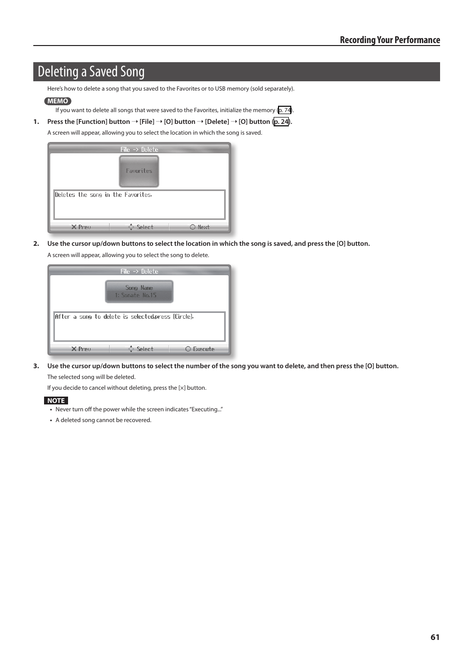 Deleting a saved song, Recording your performance | Roland Digital Piano HP User Manual | Page 61 / 100