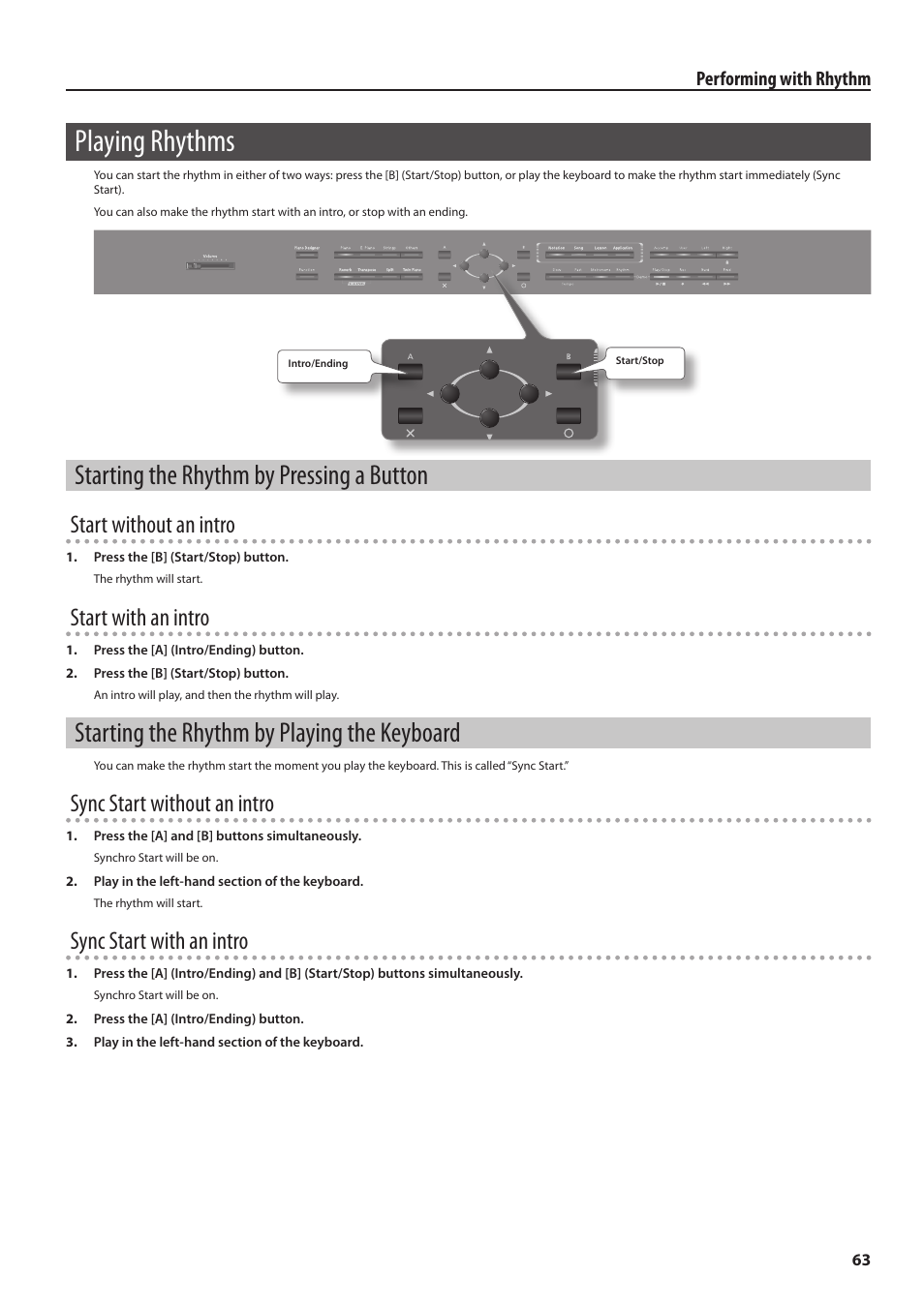 Playing rhythms, Starting the rhythm by pressing a button, Starting the rhythm by playing the keyboard | Start without an intro, Start with an intro, Sync start without an intro, Sync start with an intro | Roland Digital Piano HP User Manual | Page 63 / 100