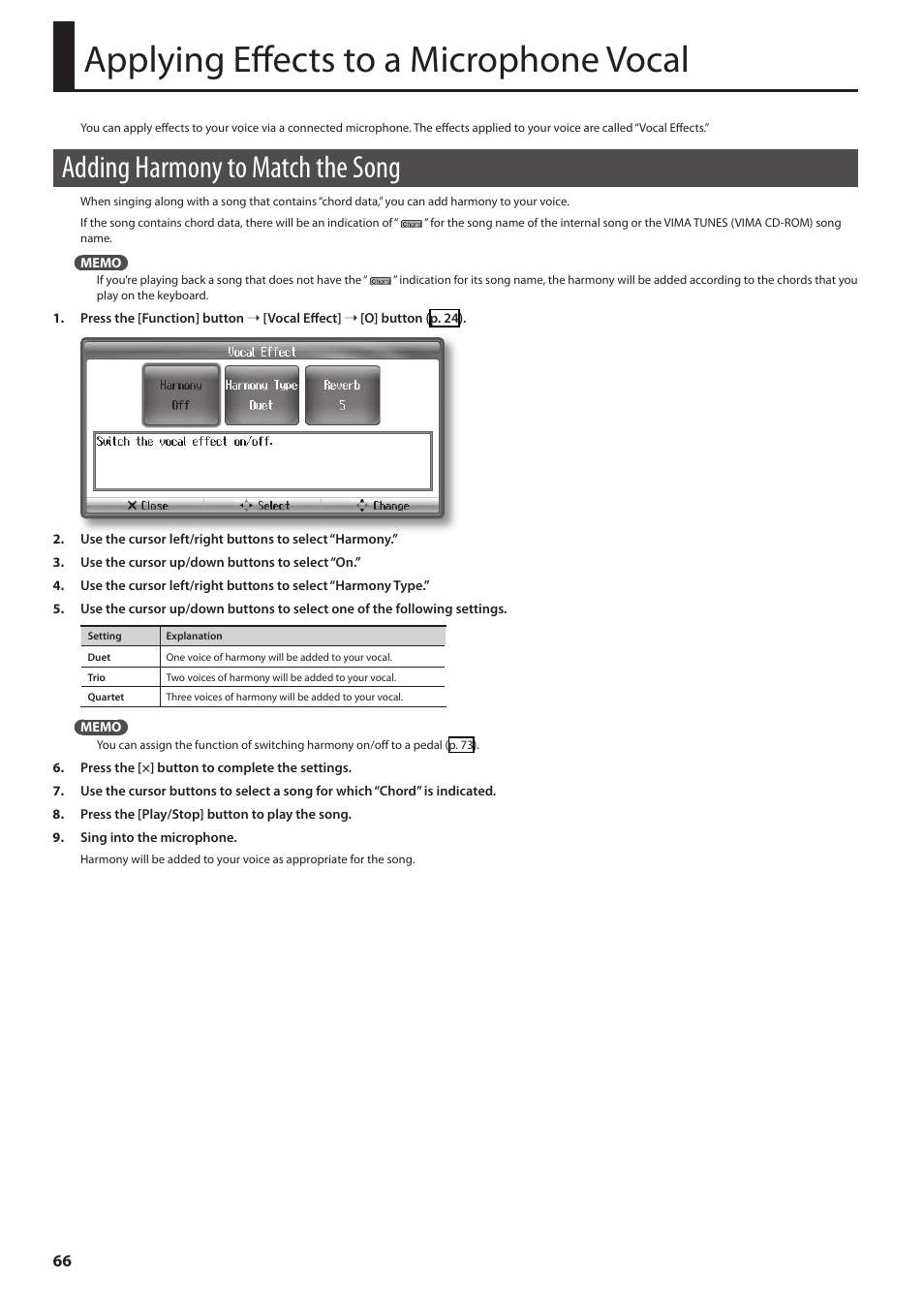 Applying effects to a microphone vocal, Adding harmony to match the song | Roland Digital Piano HP User Manual | Page 66 / 100