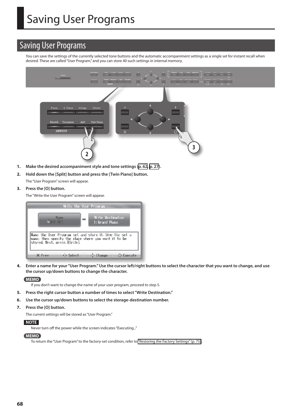 Saving user programs | Roland Digital Piano HP User Manual | Page 68 / 100