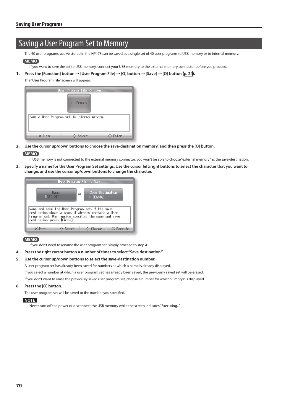 Saving a user program set to memory, Saving user programs | Roland Digital Piano HP User Manual | Page 70 / 100