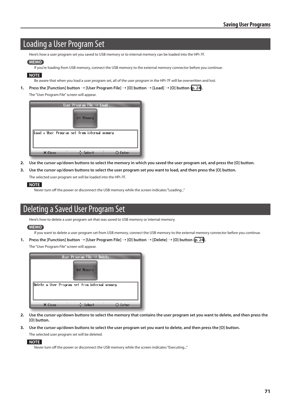 Loading a user program set, Deleting a saved user program set, Saving user programs | Roland Digital Piano HP User Manual | Page 71 / 100