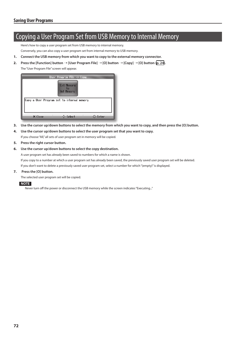 Memory, Saving user programs | Roland Digital Piano HP User Manual | Page 72 / 100