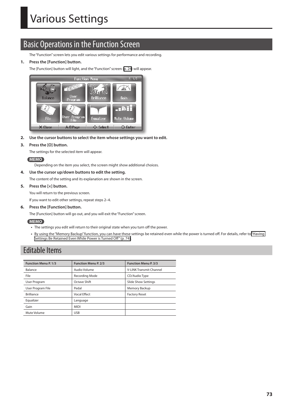 Various settings, Basic operations in the function screen, Editable items | Y (p. 73), O the pedals (p. 73) | Roland Digital Piano HP User Manual | Page 73 / 100