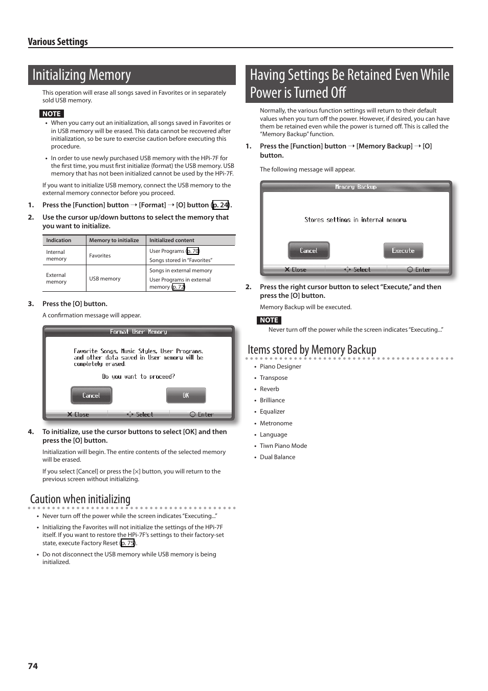 Initializing memory, Caution when initializing, Various settings | Roland Digital Piano HP User Manual | Page 74 / 100