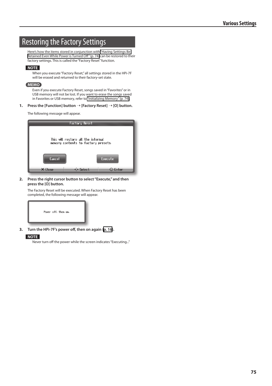 Restoring the factory settings, Eset (p. 75), Various settings | Roland Digital Piano HP User Manual | Page 75 / 100