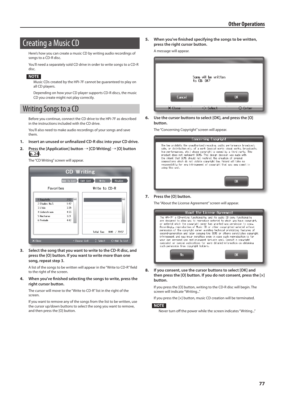 Creating a music cd, Writing songs to a cd, P. 77 | Other operations | Roland Digital Piano HP User Manual | Page 77 / 100