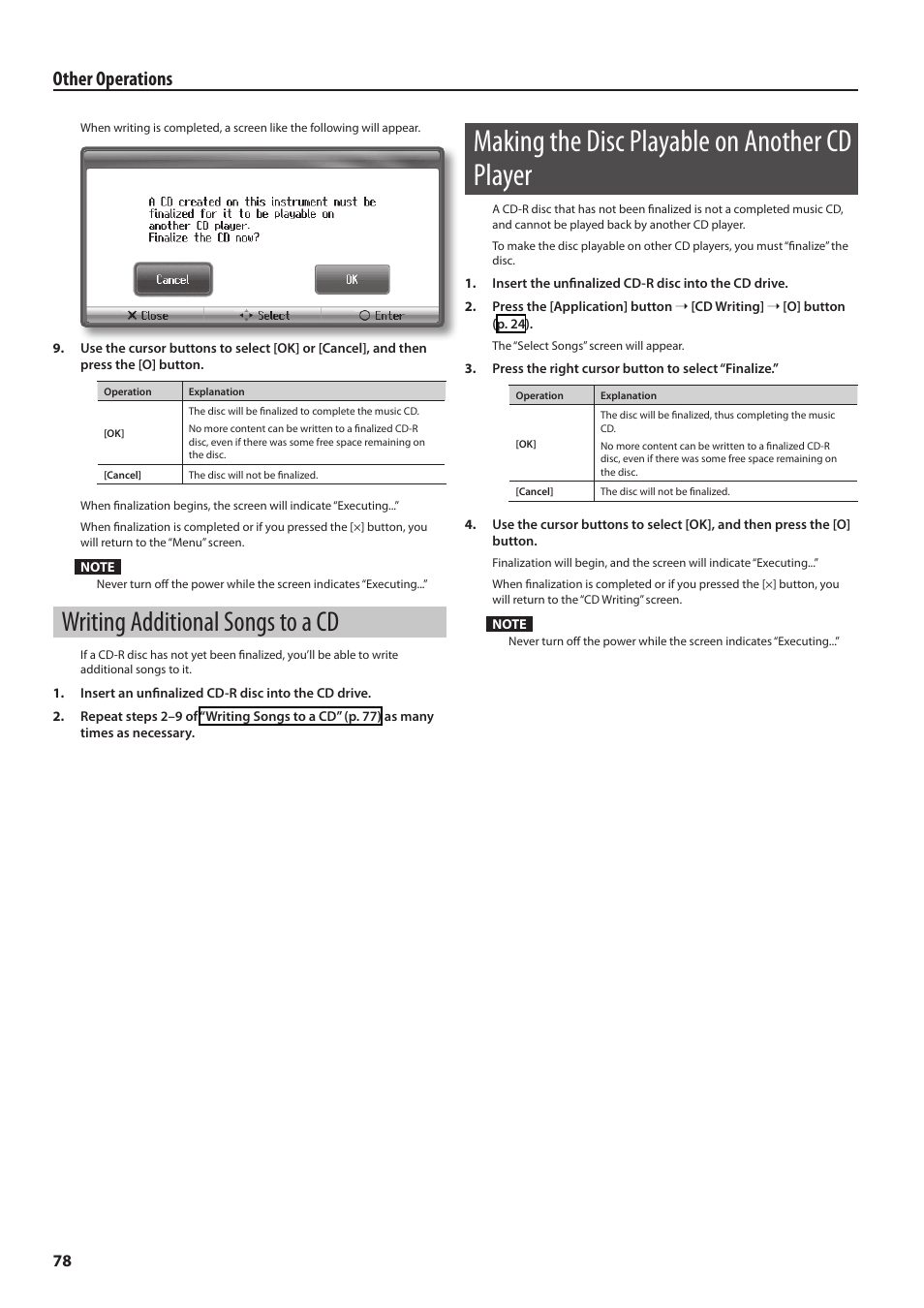 Writing additional songs to a cd, Making the disc playable on another cd player, Other operations | Roland Digital Piano HP User Manual | Page 78 / 100
