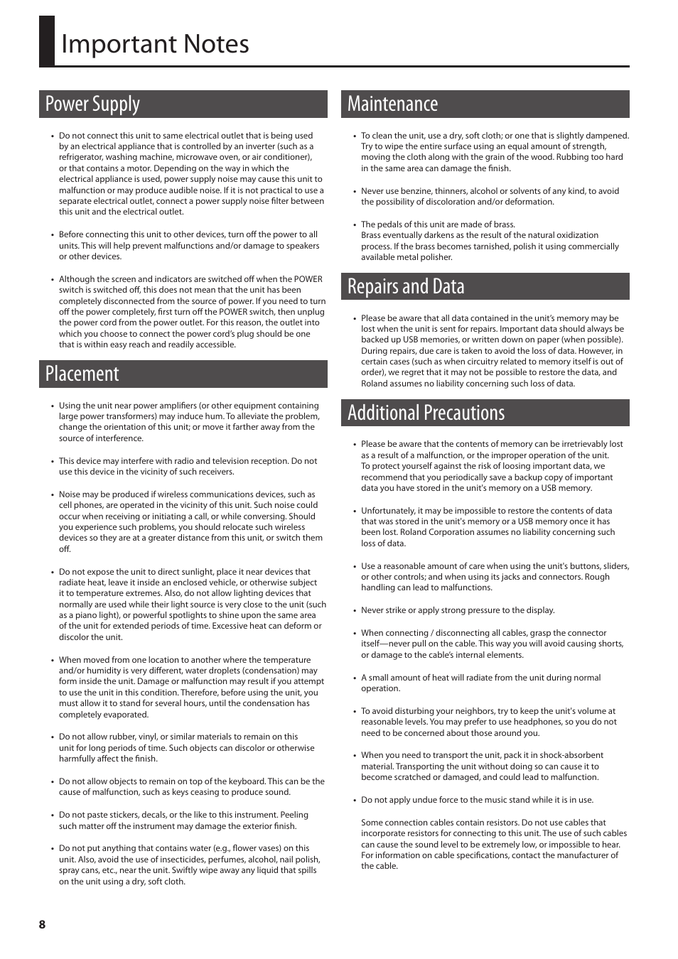 Important notes, Power supply, Placement | Maintenance, Repairs and data, Additional precautions | Roland Digital Piano HP User Manual | Page 8 / 100