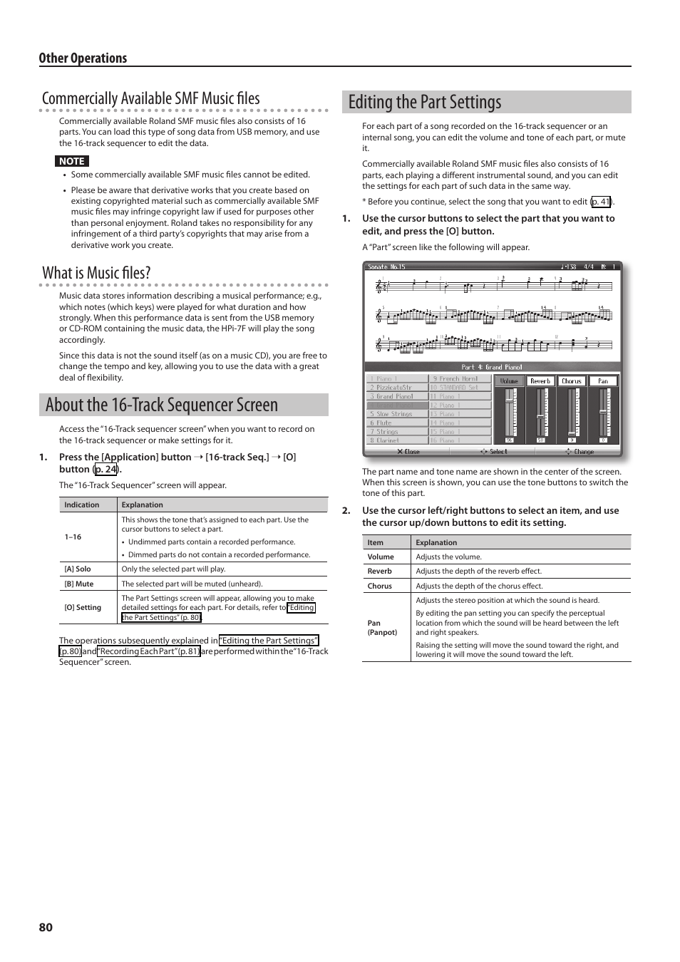 About the 16-track sequencer screen, Editing the part settings, Commercially available smf music files | What is music files, Other operations | Roland Digital Piano HP User Manual | Page 80 / 100