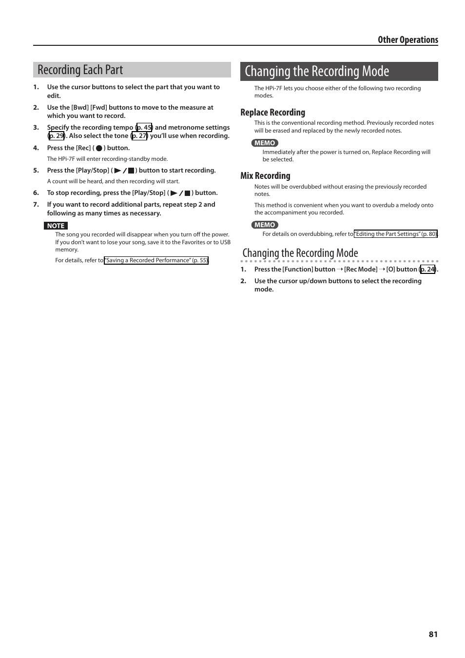 Recording each part, Changing the recording mode, And “recording each part” (p. 81) | Other operations, Replace recording, Mix recording | Roland Digital Piano HP User Manual | Page 81 / 100