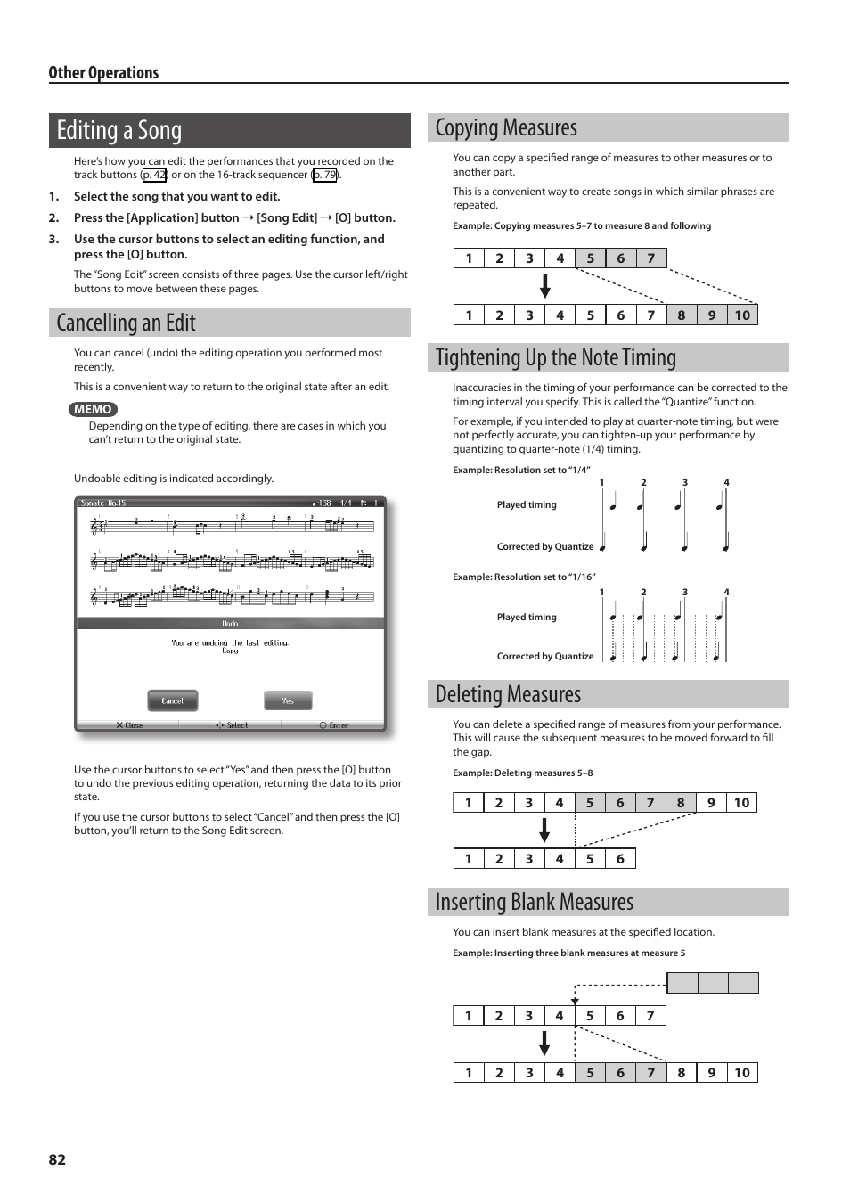 Editing a song, Cancelling an edit, Copying measures | Tightening up the note timing, Deleting measures, Inserting blank measures, Other operations | Roland Digital Piano HP User Manual | Page 82 / 100