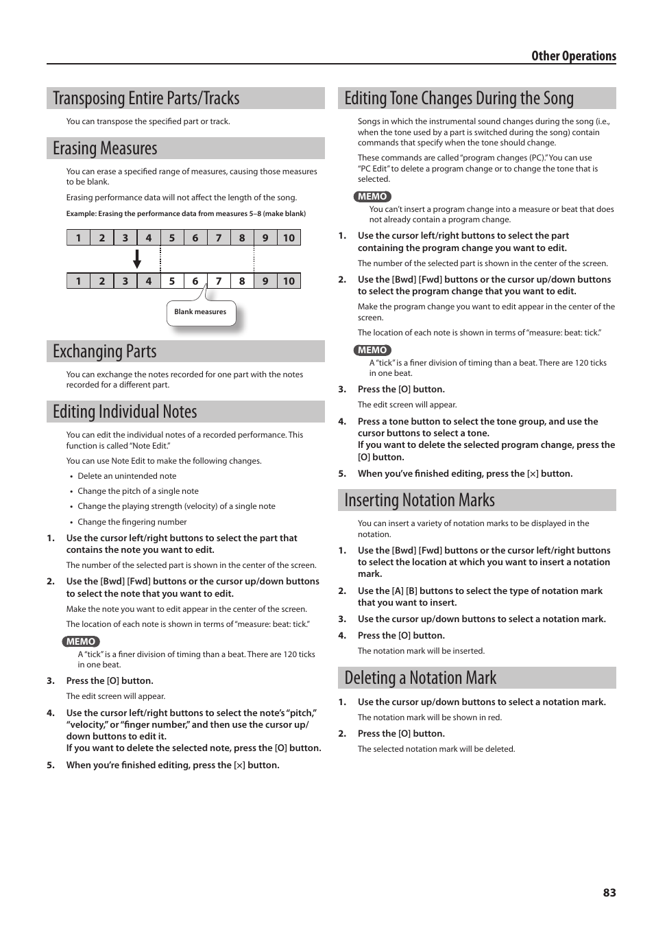 Transposing entire parts/tracks, Erasing measures, Exchanging parts | Editing individual notes, Editing tone changes during the song, Inserting notation marks, Deleting a notation mark, Other operations | Roland Digital Piano HP User Manual | Page 83 / 100