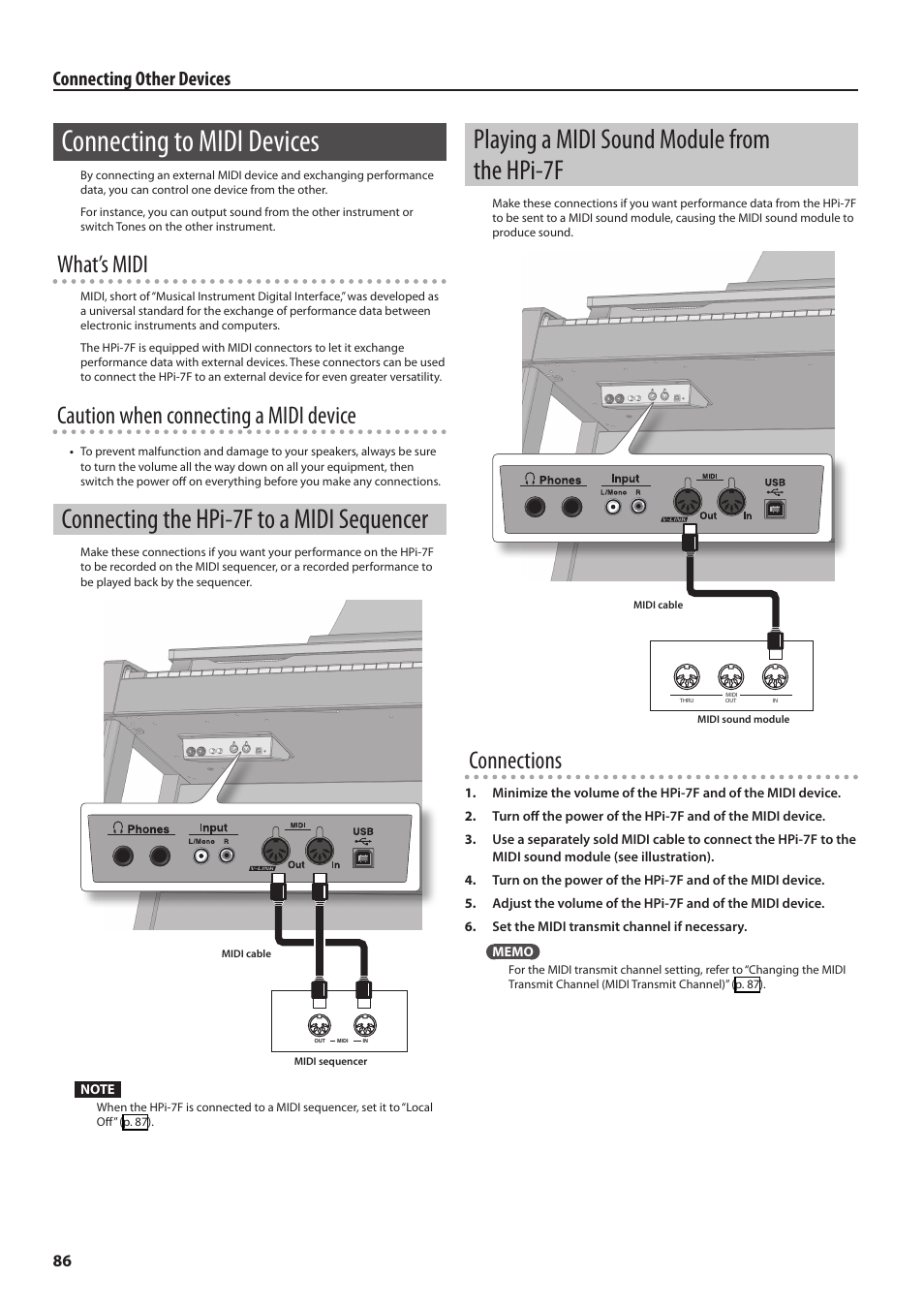 Connecting to midi devices, Connecting the hpi-7f to a midi sequencer, Playing a midi sound module from the hpi-7f | Playing a midi sound module from, The hpi-7f, Ta (p. 86), What’s midi, Caution when connecting a midi device, Connections, Connecting other devices | Roland Digital Piano HP User Manual | Page 86 / 100