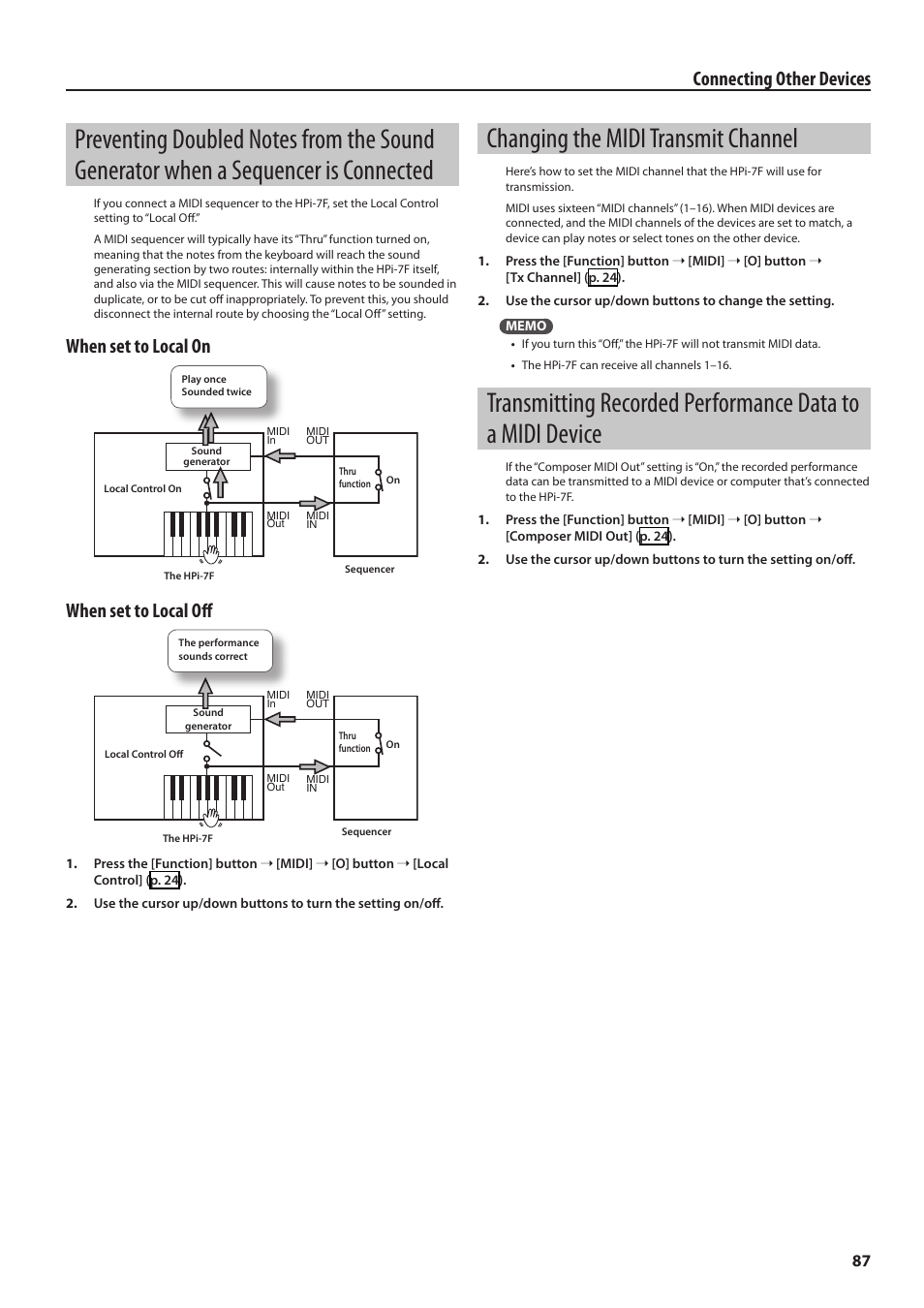 Changing the midi transmit channel, Preventing doubled notes from the sound generator, When a sequencer is connected | Transmitting recorded performance data to a midi, Device, Connecting other devices, When set to local on, When set to local off | Roland Digital Piano HP User Manual | Page 87 / 100