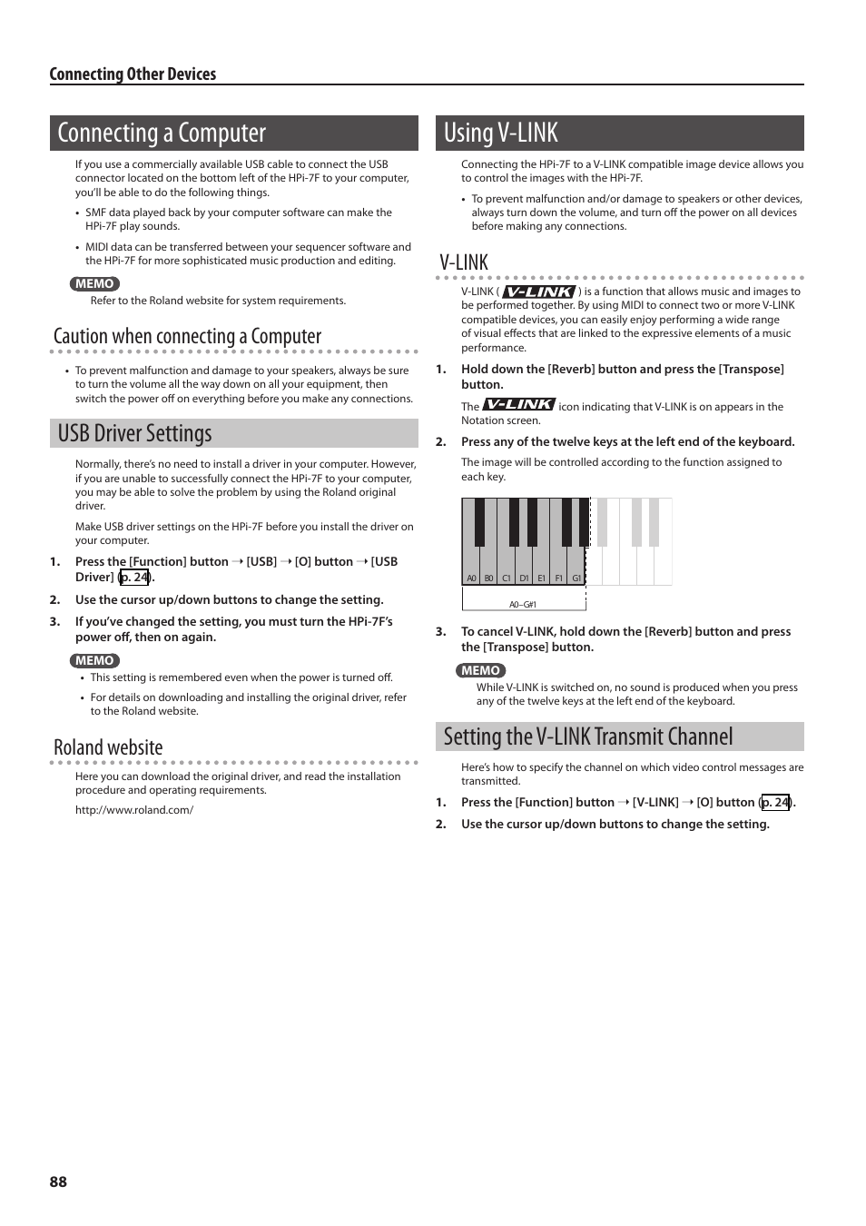 Connecting a computer, Usb driver settings, Using v-link | Setting the v-link transmit channel, Ta (p. 88), Caution when connecting a computer, Roland website, V-link, Connecting other devices | Roland Digital Piano HP User Manual | Page 88 / 100