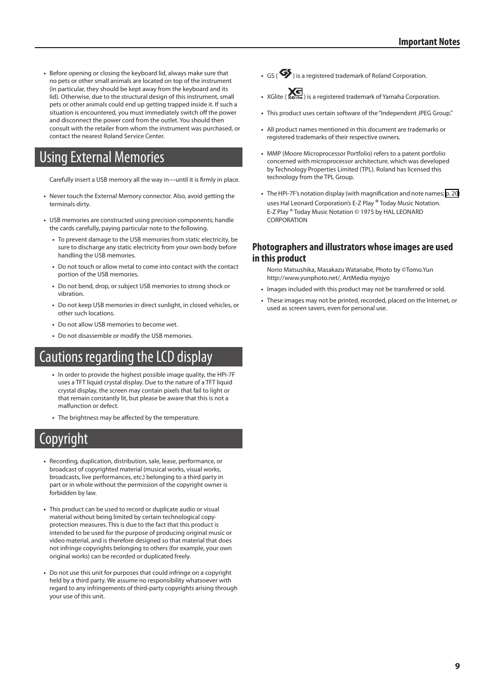 Cautions regarding the lcd display, Copyright | Roland Digital Piano HP User Manual | Page 9 / 100