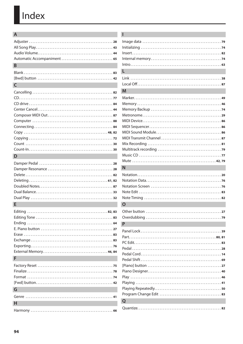 Index | Roland Digital Piano HP User Manual | Page 94 / 100