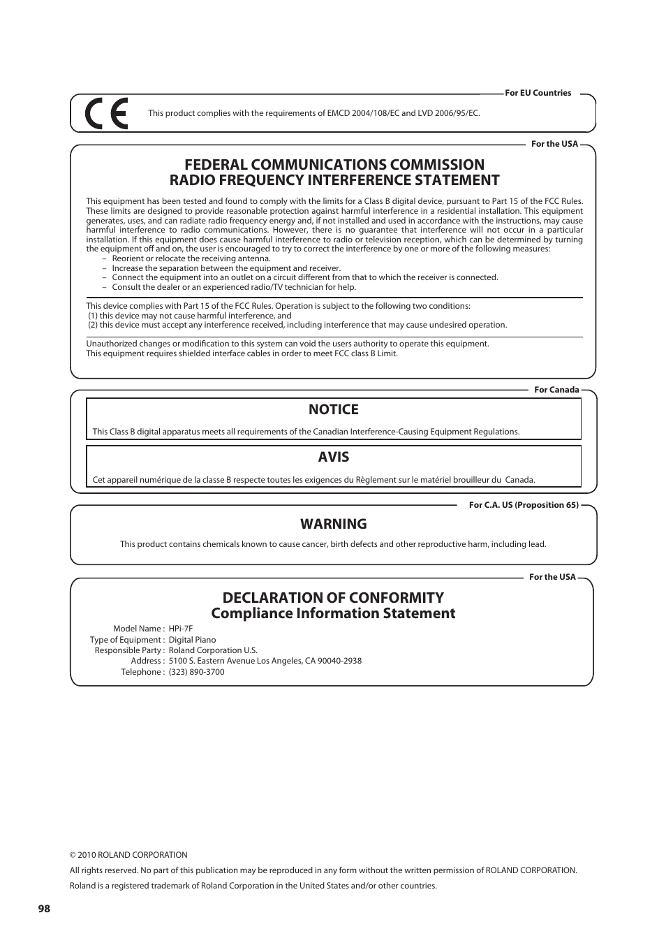 Notice avis, Warning | Roland Digital Piano HP User Manual | Page 98 / 100