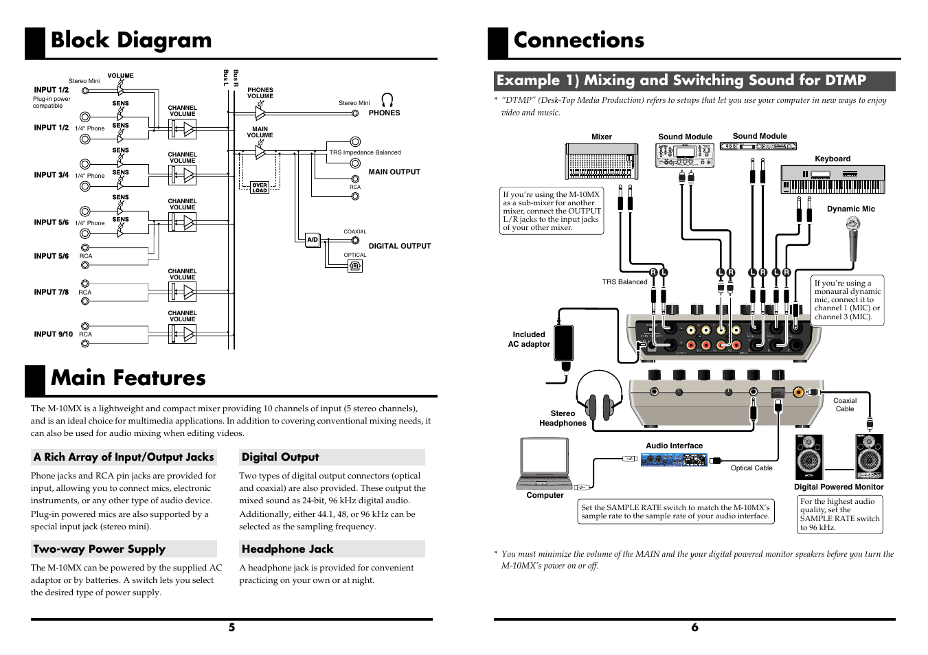 Block diagram, Main features, Connections | Example 1) mixing and switching sound for dtmp | Roland M-10MX User Manual | Page 3 / 8