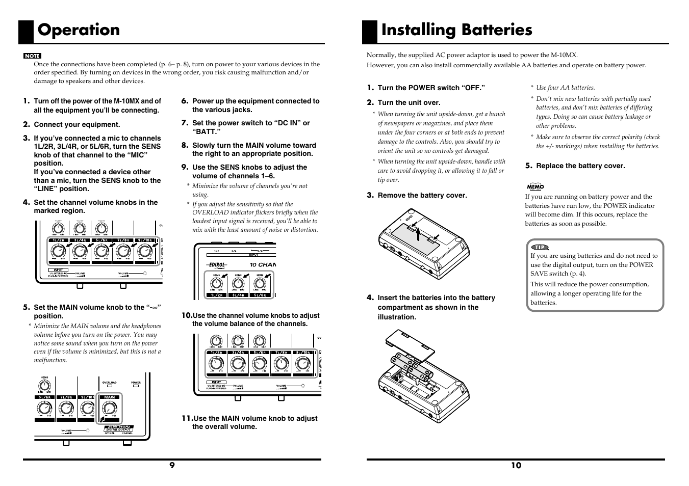 Operation, Installing batteries | Roland M-10MX User Manual | Page 5 / 8