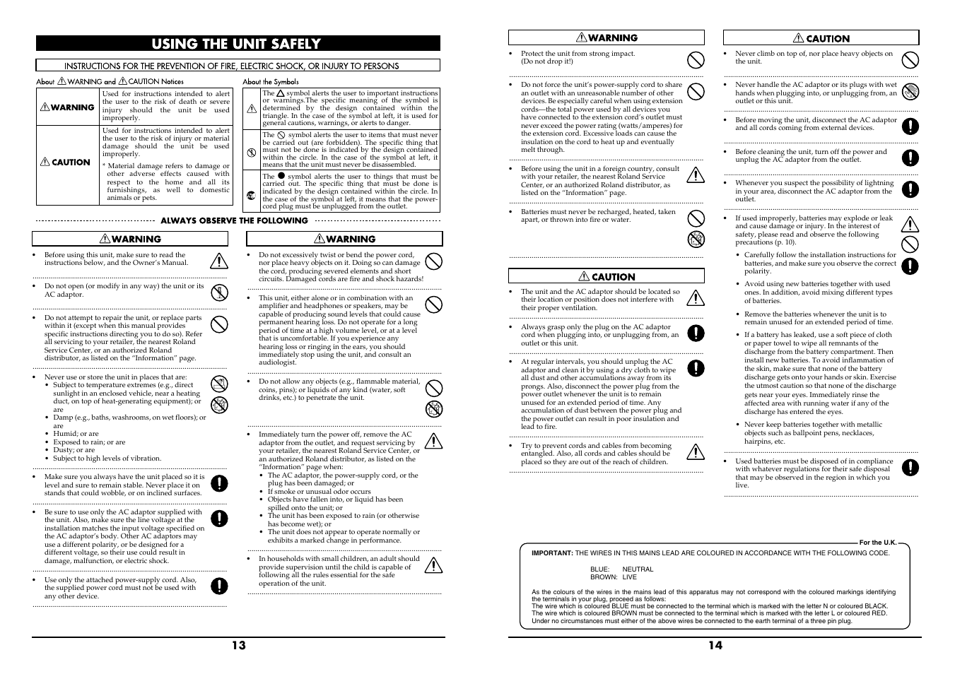 Using the unit safely | Roland M-10MX User Manual | Page 7 / 8