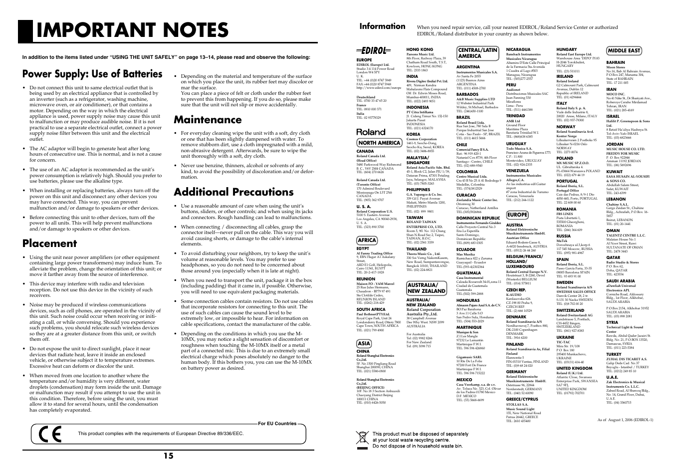 Important notes, Power supply: use of batteries, Placement | Maintenance, Additional precautions, Information | Roland M-10MX User Manual | Page 8 / 8