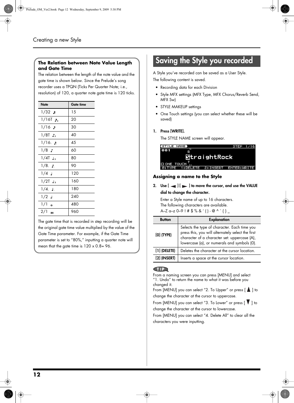 Saving the style you recorded, 12 creating a new style | Roland PRELUDE MUSIC KEYBOARD 2 User Manual | Page 12 / 48