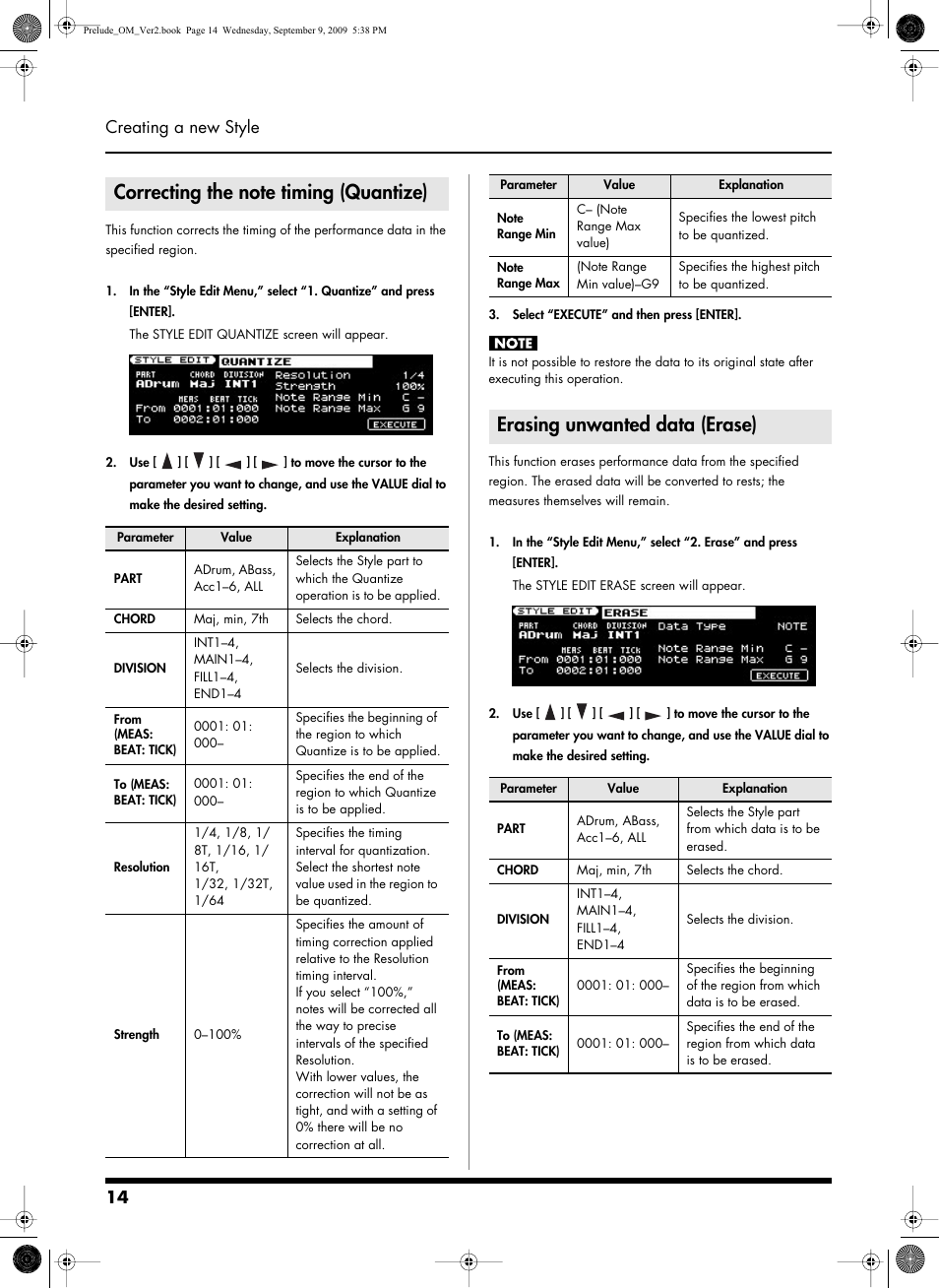 Correcting the note timing (quantize), Erasing unwanted data (erase), 14 creating a new style | Roland PRELUDE MUSIC KEYBOARD 2 User Manual | Page 14 / 48