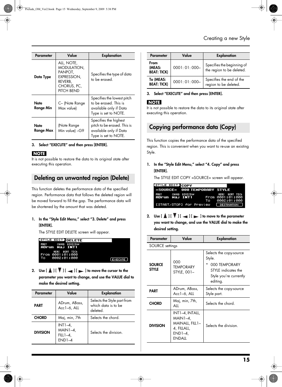 Deleting an unwanted region (delete), Copying performance data (copy), 15 creating a new style | Roland PRELUDE MUSIC KEYBOARD 2 User Manual | Page 15 / 48