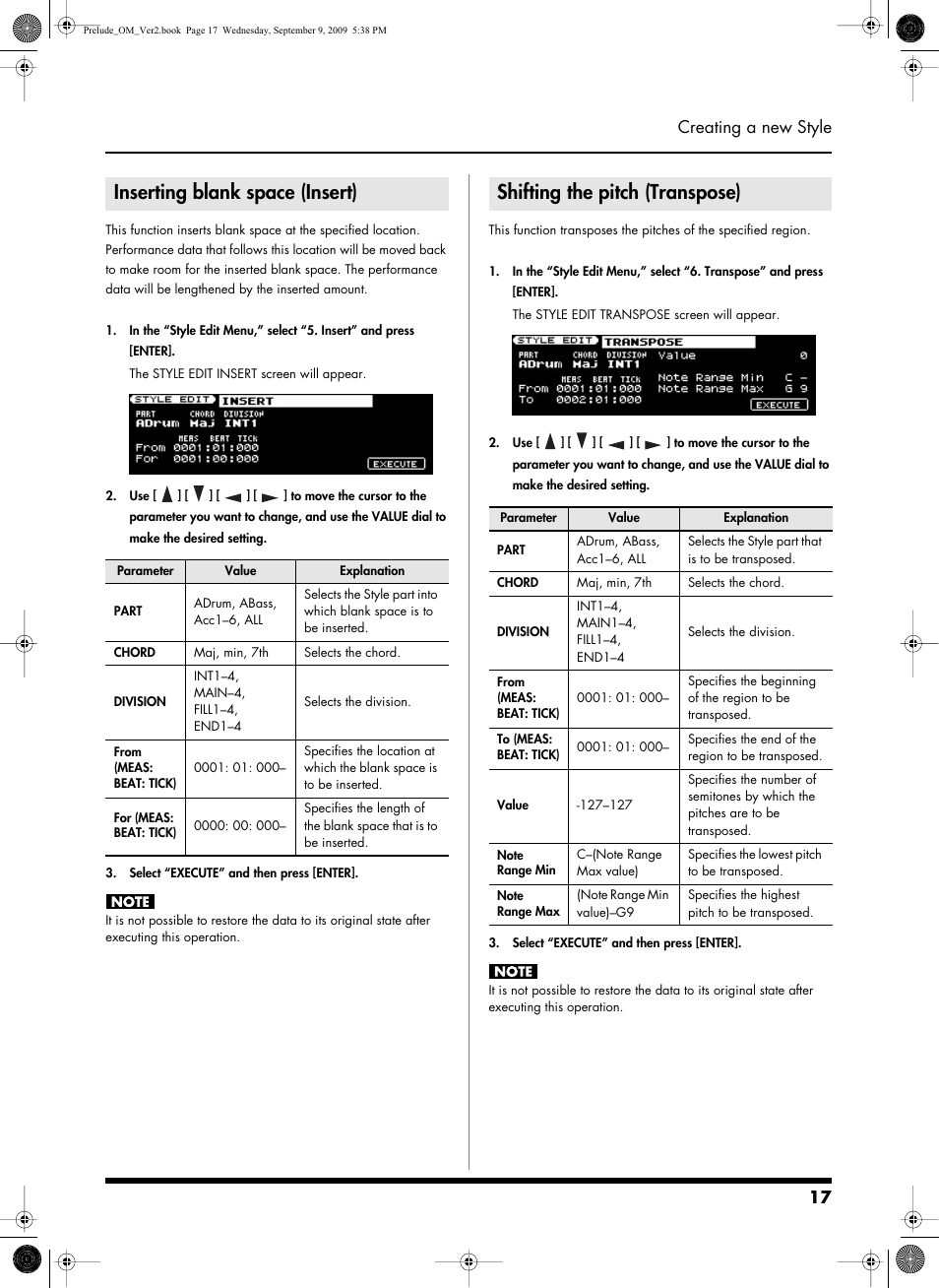 Inserting blank space (insert), Shifting the pitch (transpose), 17 creating a new style | Roland PRELUDE MUSIC KEYBOARD 2 User Manual | Page 17 / 48