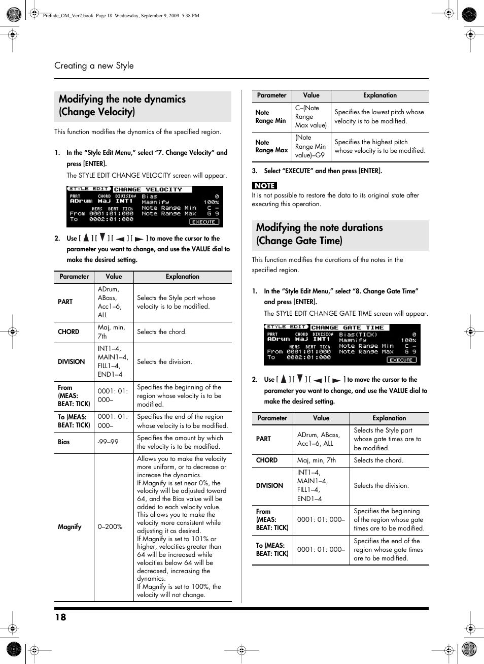 Modifying the note dynamics (changevelocity), Modifying the note durations (changegatetime), 18 creating a new style | Roland PRELUDE MUSIC KEYBOARD 2 User Manual | Page 18 / 48