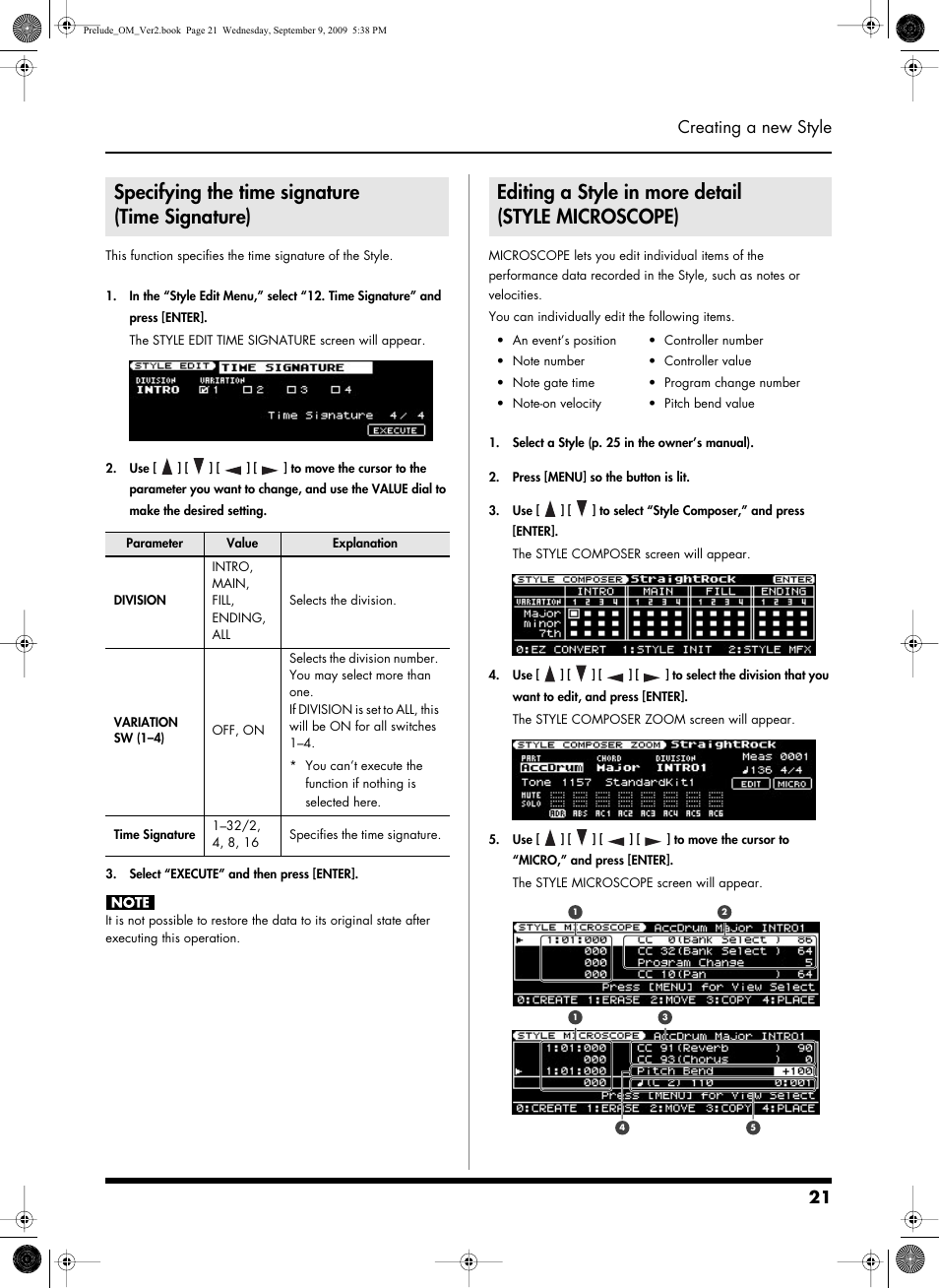 Specifying the time signature (timesignature), Editing a style in more detail (stylemicroscope), Specifying the time signature (time signature) | Editing a style in more detail (style microscope), 21 creating a new style | Roland PRELUDE MUSIC KEYBOARD 2 User Manual | Page 21 / 48